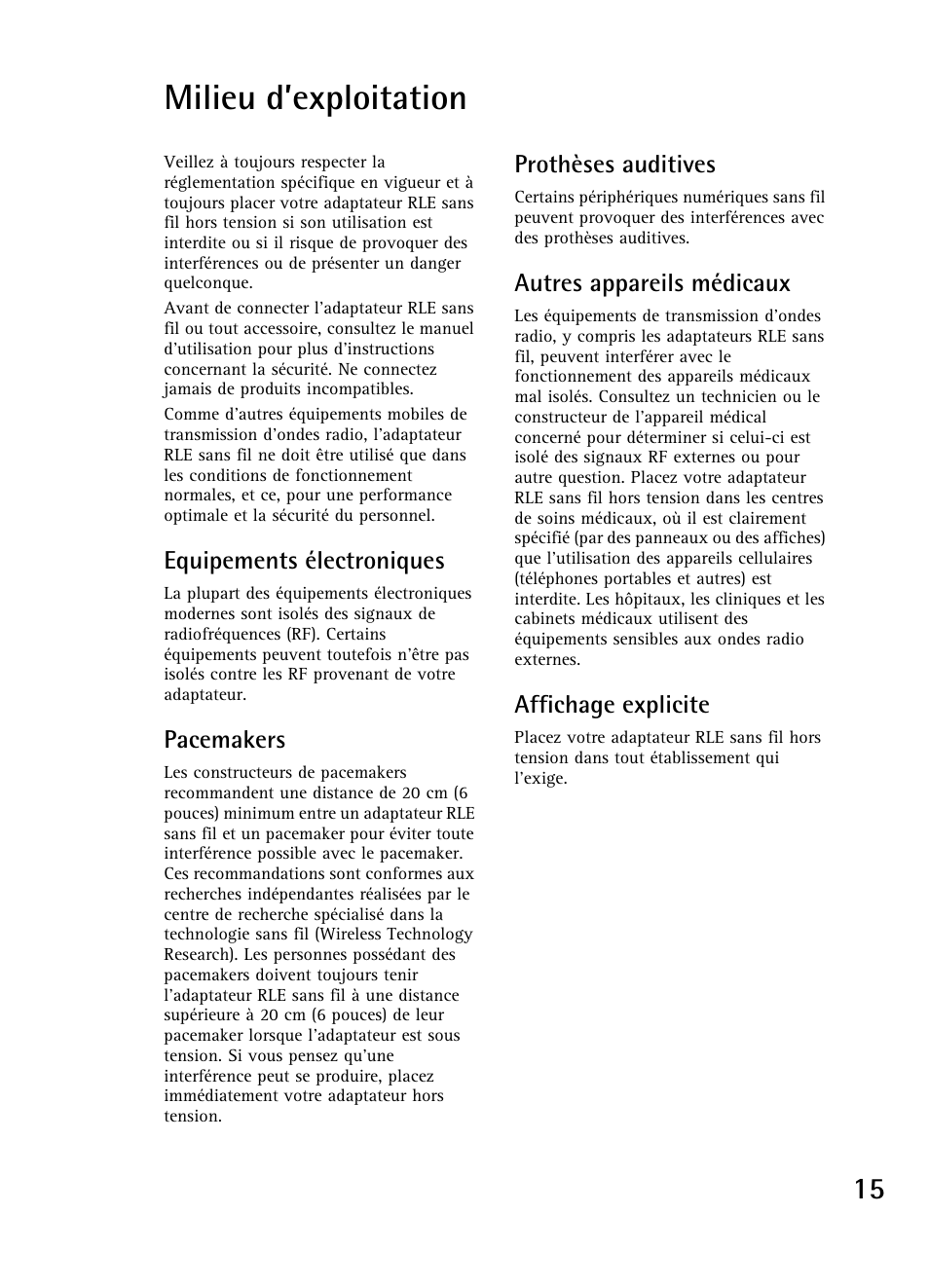 Milieu d’exploitation | Nokia A040 User Manual | Page 17 / 66