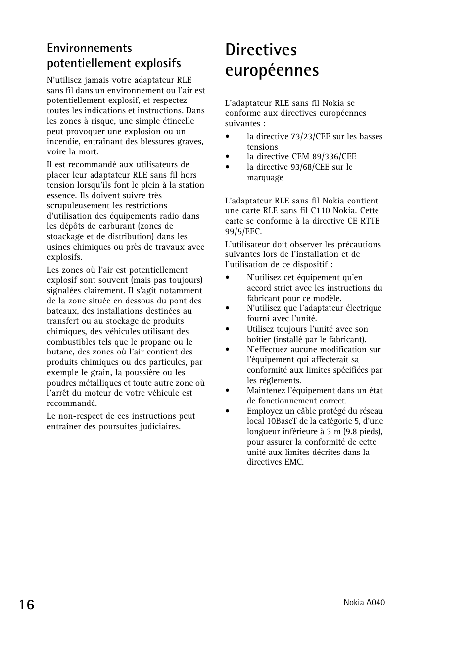 Directives européennes, Environnements potentiellement explosifs | Nokia A040 User Manual | Page 18 / 66