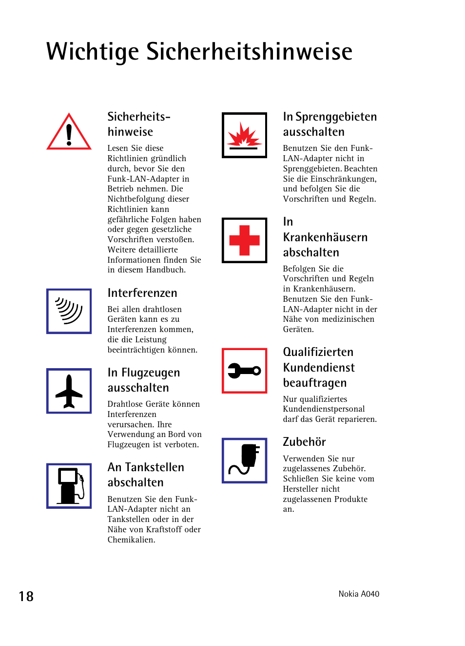 Wichtige sicherheitshinweise | Nokia A040 User Manual | Page 20 / 66