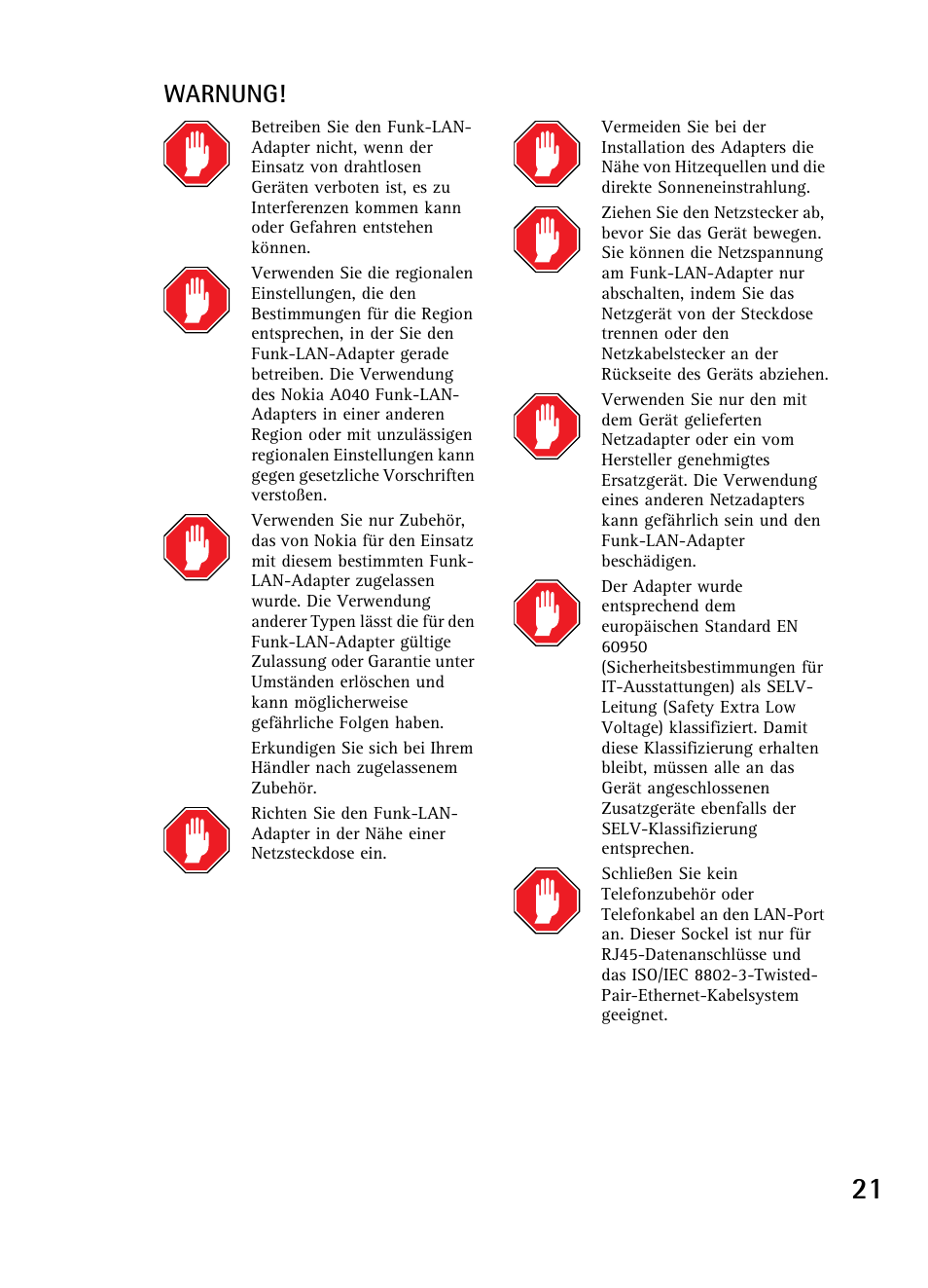 Warnung | Nokia A040 User Manual | Page 23 / 66