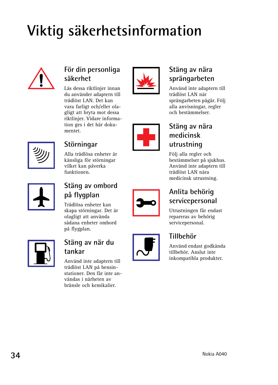 Viktig säkerhetsinformation | Nokia A040 User Manual | Page 36 / 66