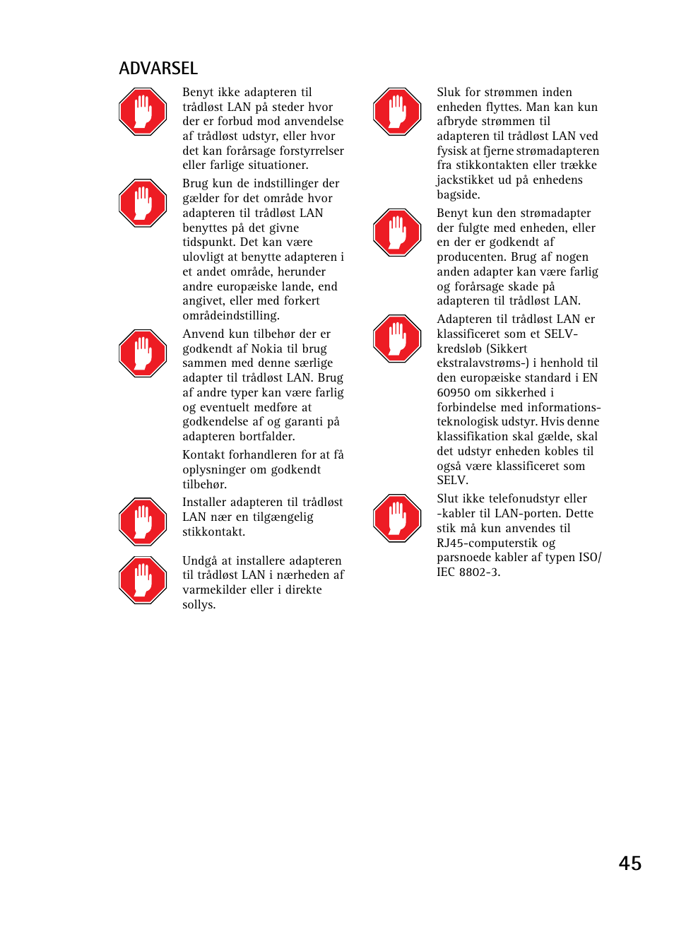 Advarsel | Nokia A040 User Manual | Page 47 / 66