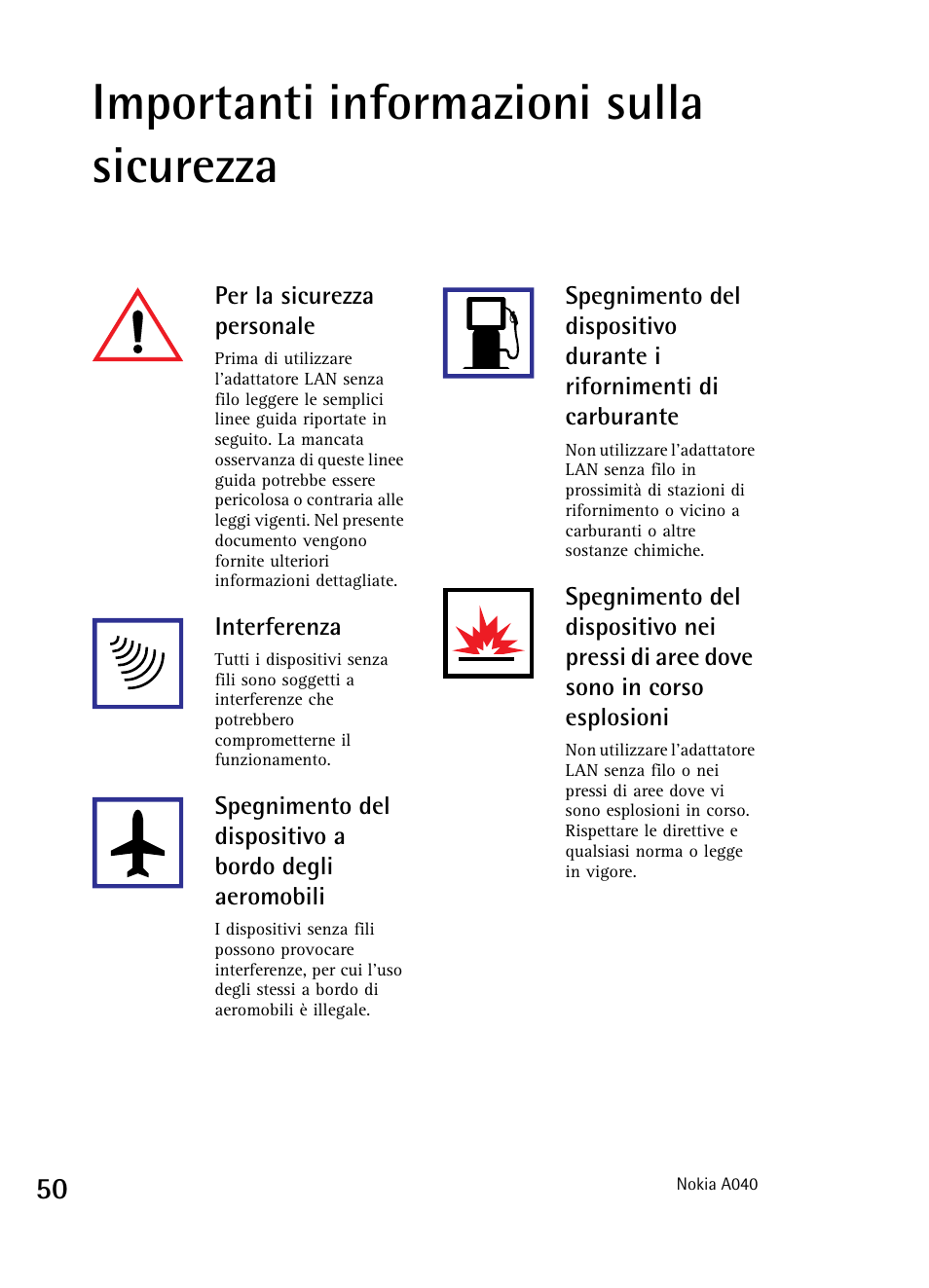 Importanti informazioni sulla sicurezza | Nokia A040 User Manual | Page 52 / 66