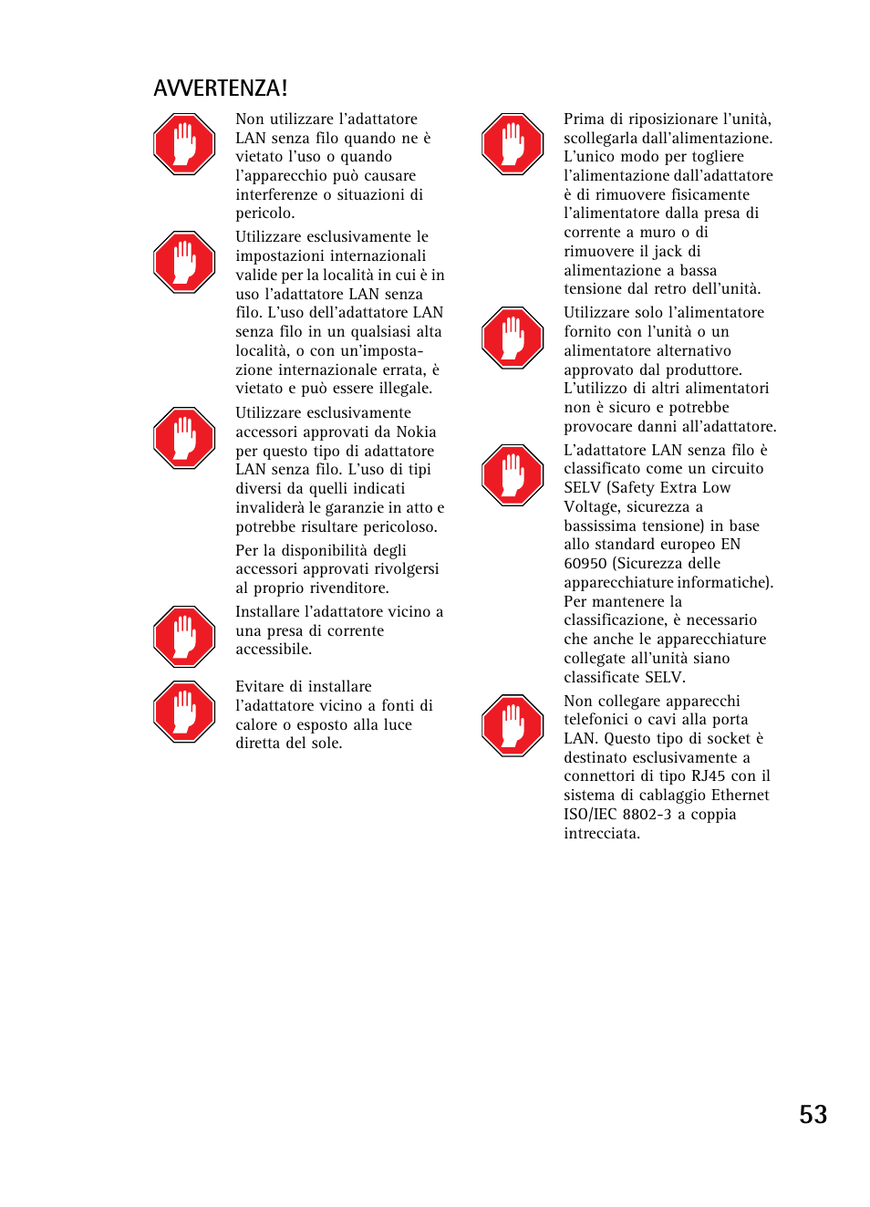 Avvertenza | Nokia A040 User Manual | Page 55 / 66