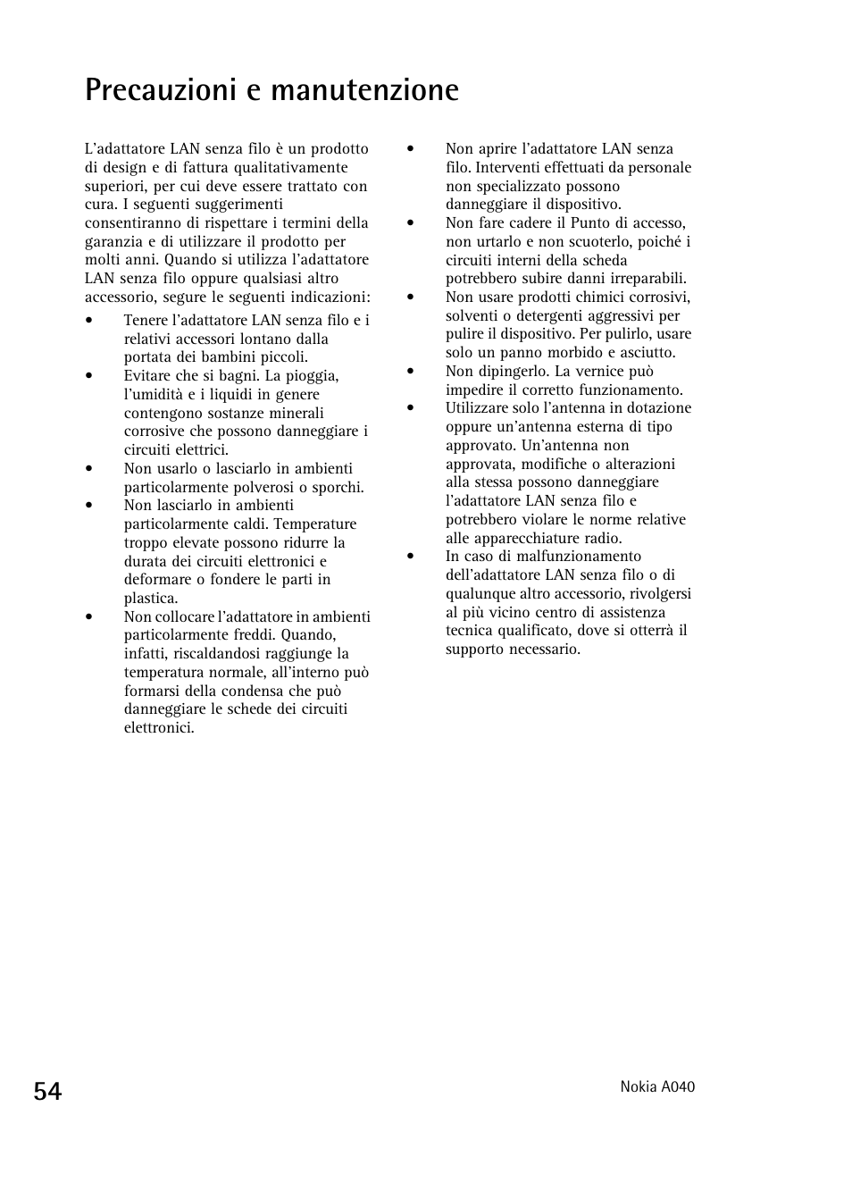 Precauzioni e manutenzione | Nokia A040 User Manual | Page 56 / 66