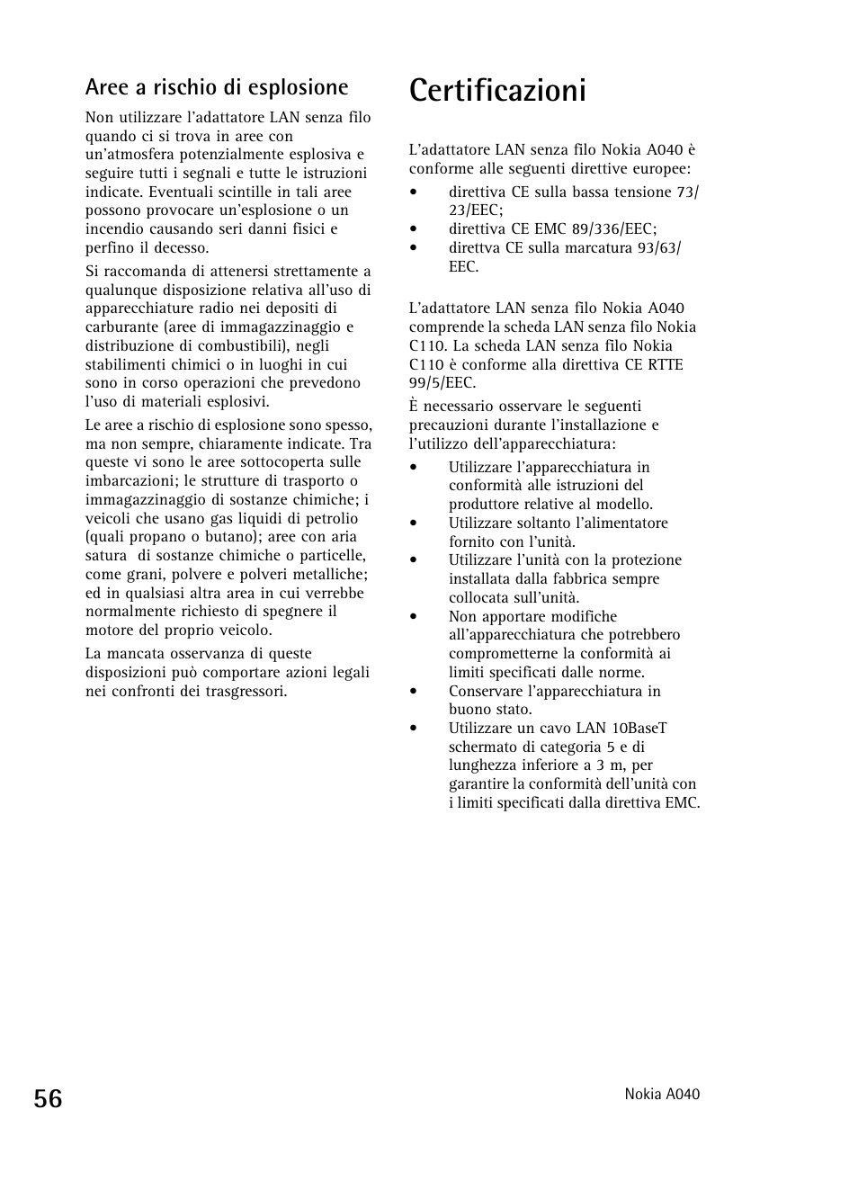 Certificazioni, Aree a rischio di esplosione | Nokia A040 User Manual | Page 58 / 66