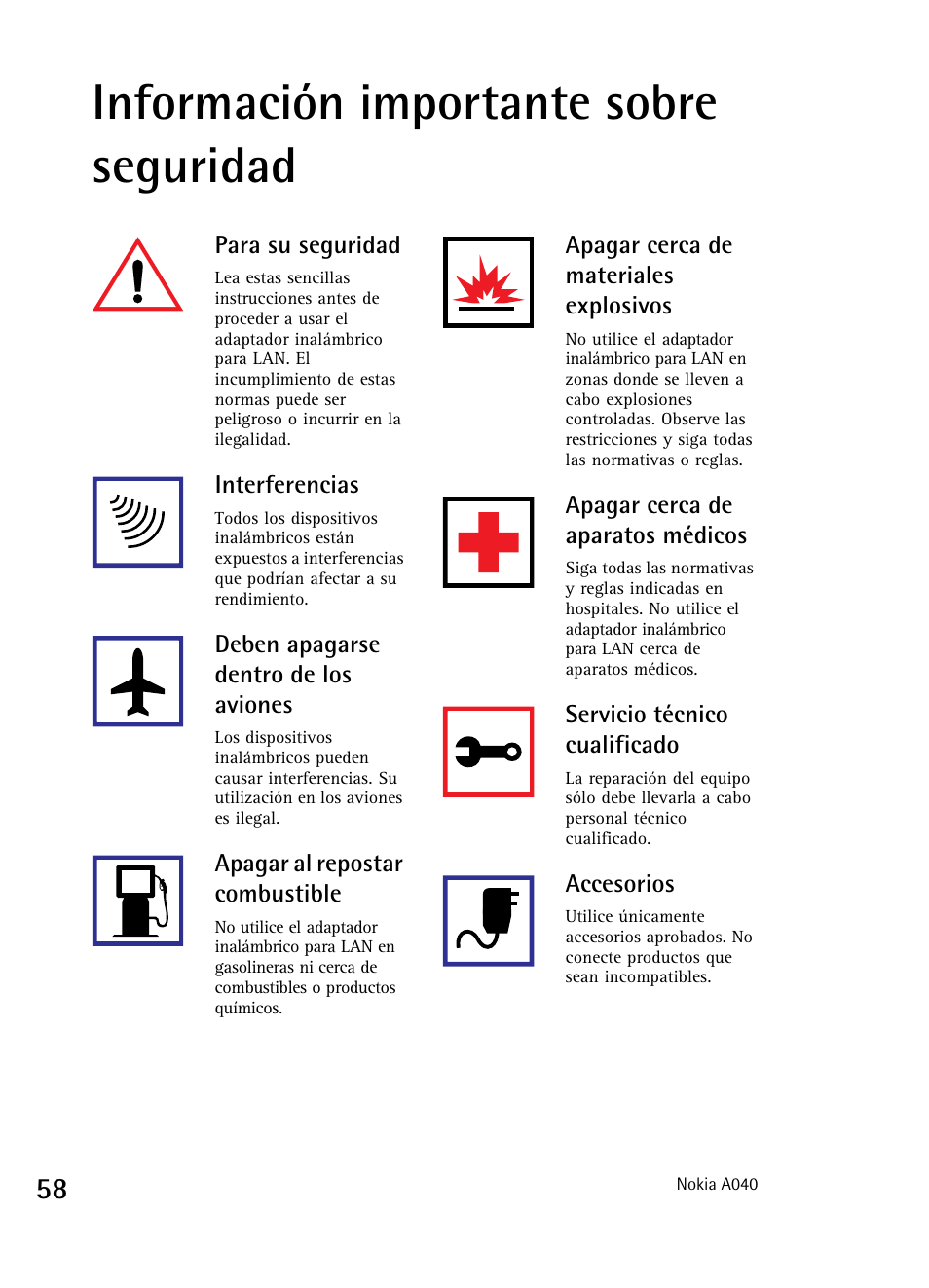 Información importante sobre seguridad | Nokia A040 User Manual | Page 60 / 66