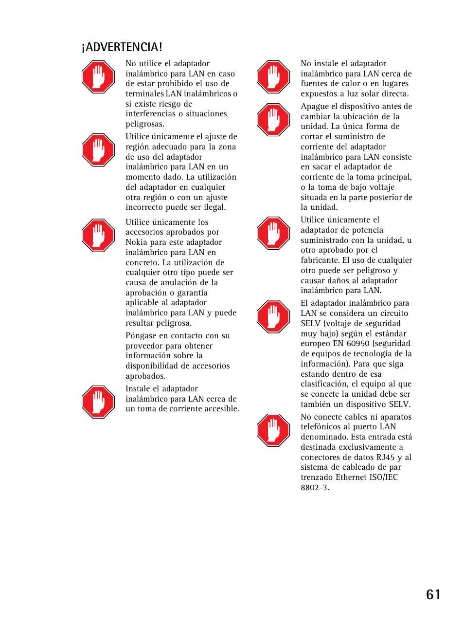 Advertencia | Nokia A040 User Manual | Page 63 / 66