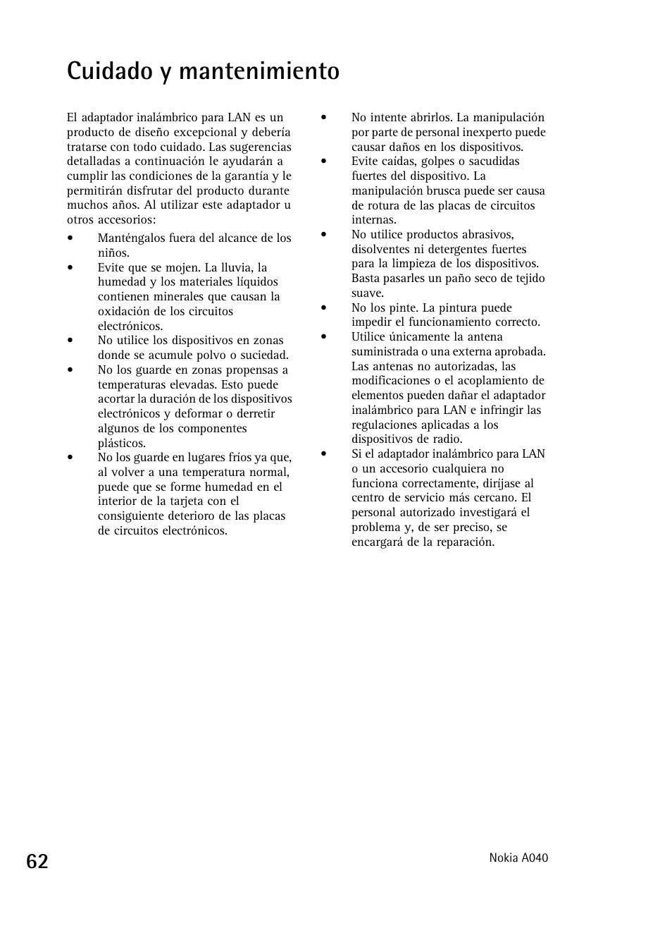 Cuidado y mantenimiento | Nokia A040 User Manual | Page 64 / 66