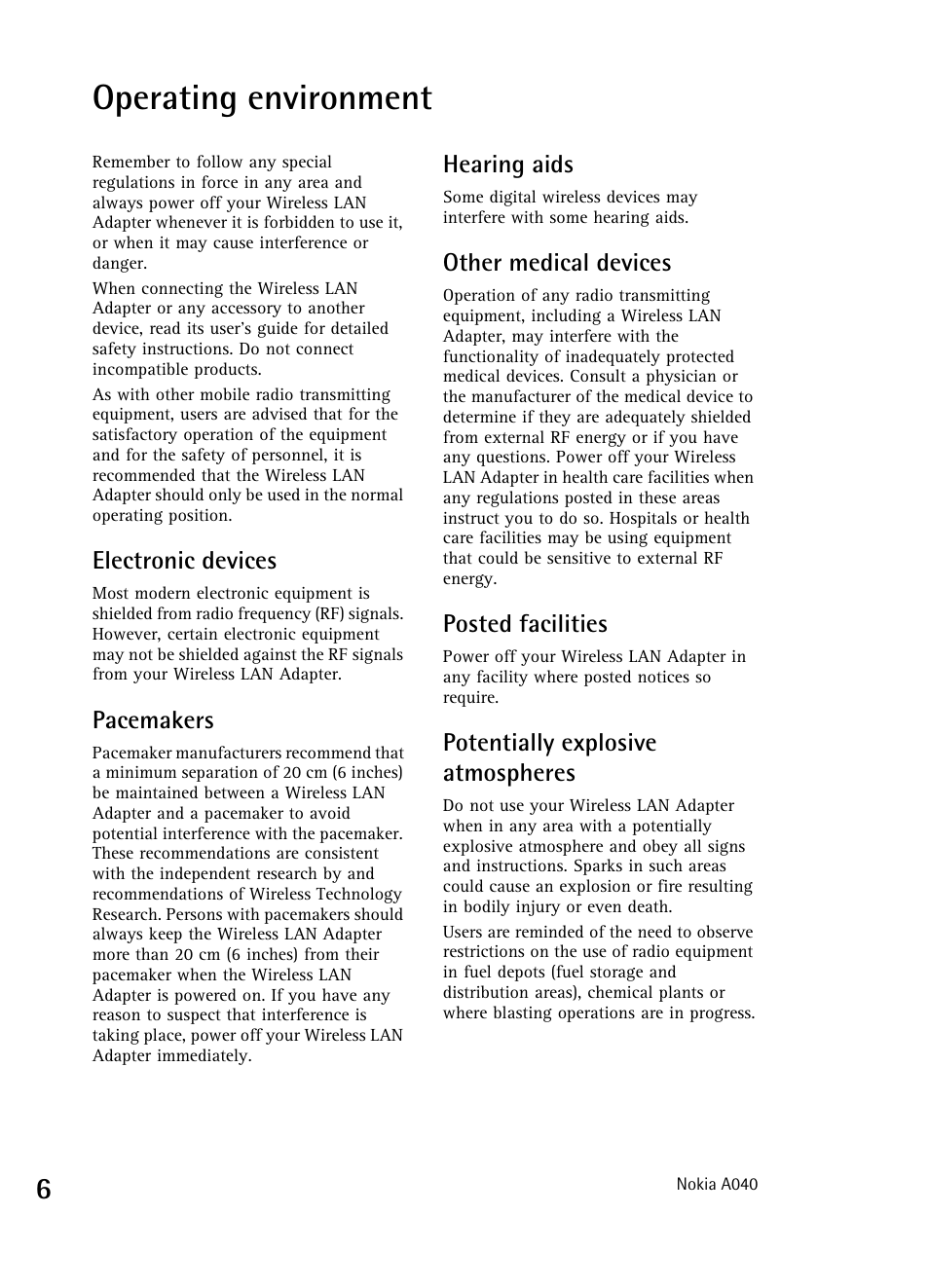 Operating environment | Nokia A040 User Manual | Page 8 / 66