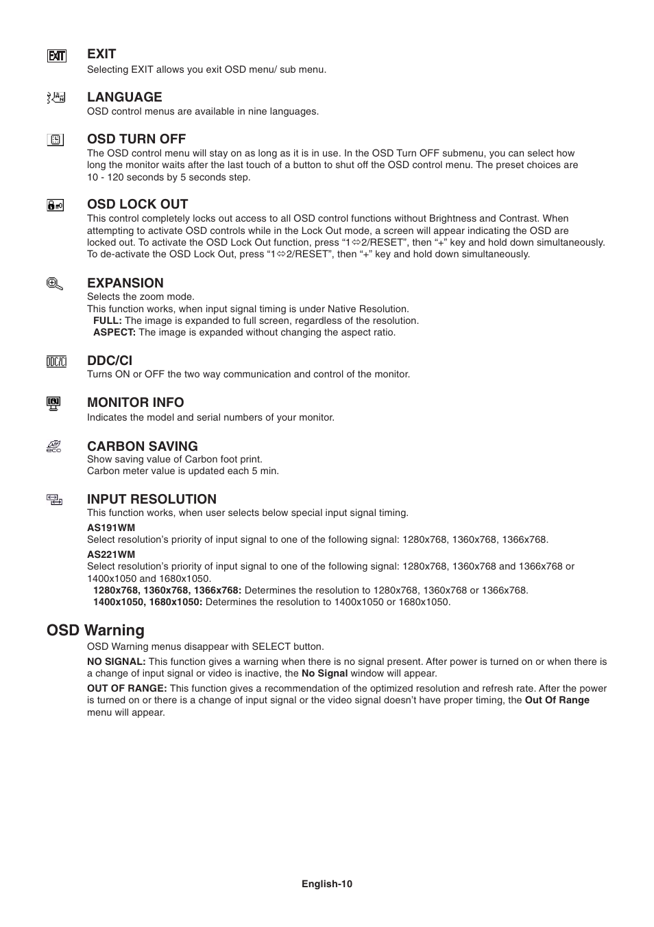 Osd warning | Nokia AS191WM User Manual | Page 12 / 18