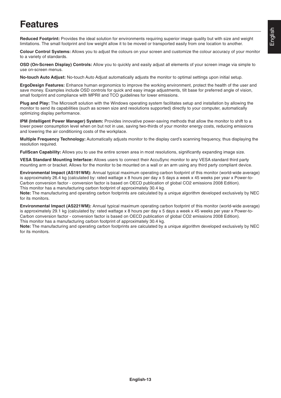 Features, English | Nokia AS191WM User Manual | Page 15 / 18
