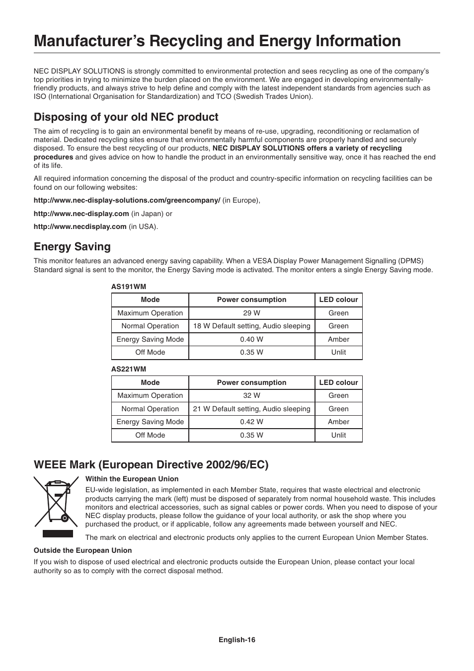 Manufacturer’s recycling and energy information, Disposing of your old nec product, Energy saving | Nokia AS191WM User Manual | Page 18 / 18