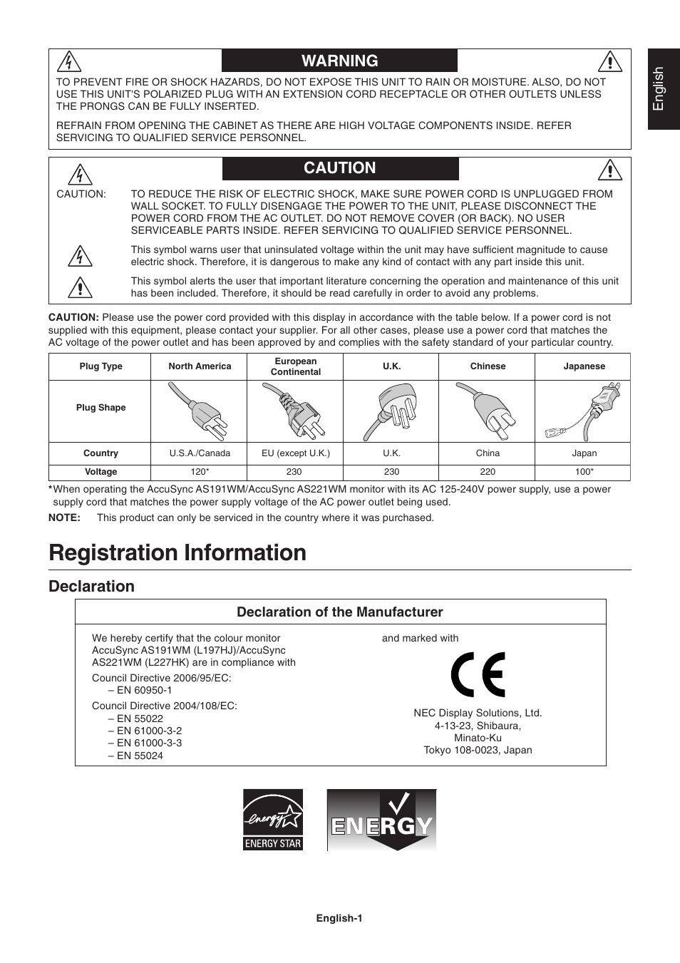 Warning, Caution, Registration information | Warning caution, Declaration, English, Declaration of the manufacturer | Nokia AS191WM User Manual | Page 3 / 18