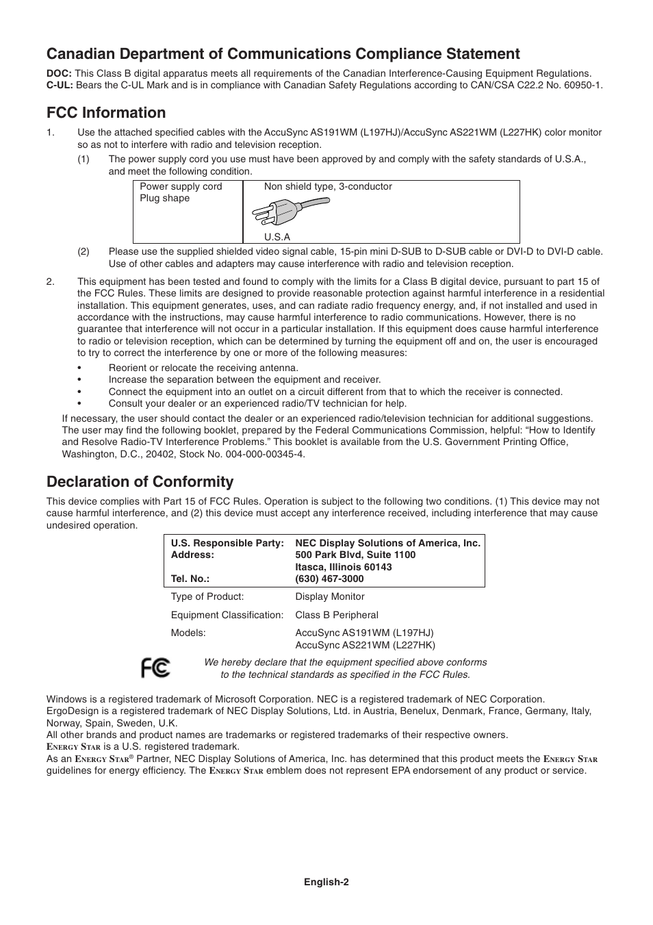 Fcc information, Declaration of conformity | Nokia AS191WM User Manual | Page 4 / 18