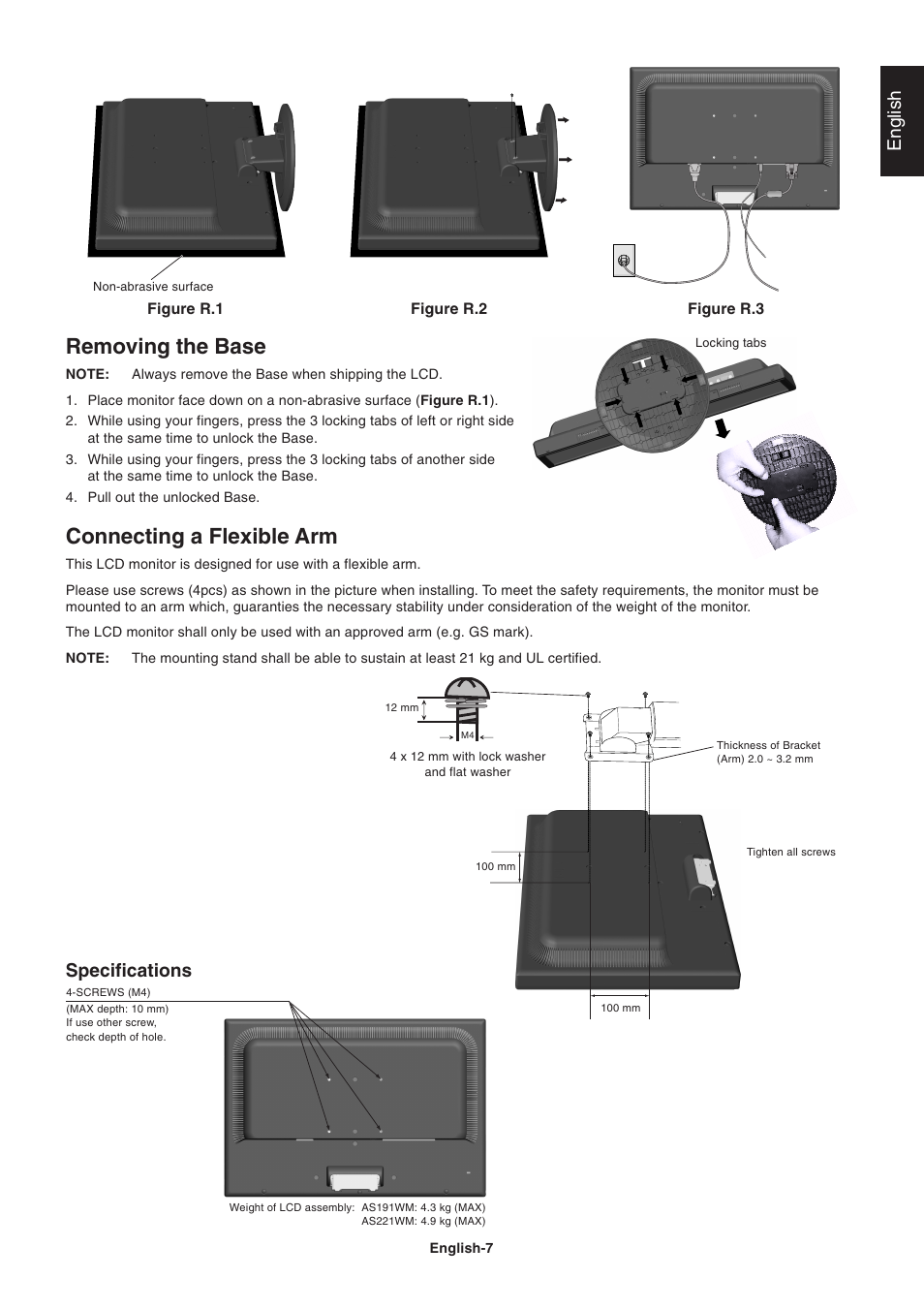 Removing the base, Connecting a flexible arm, English | Specifications | Nokia AS191WM User Manual | Page 9 / 18