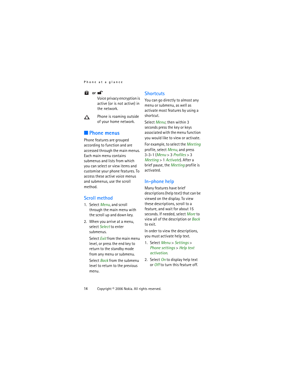 Phone menus, Scroll method, Shortcuts | In-phone help, Scroll method shortcuts in-phone help | Nokia 1315 User Manual | Page 14 / 78