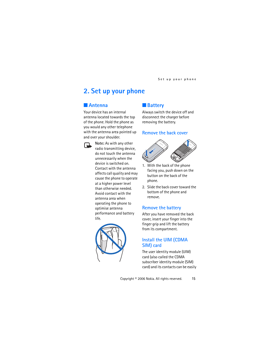 Set up your phone, Antenna, Battery | Remove the back cover, Remove the battery, Install the uim (cdma sim) card, Antenna battery | Nokia 1315 User Manual | Page 15 / 78