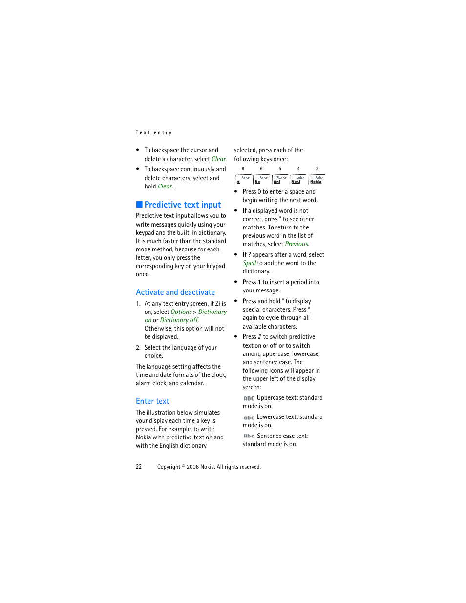 Predictive text input, Activate and deactivate, Enter text | Activate and deactivate enter text | Nokia 1315 User Manual | Page 22 / 78