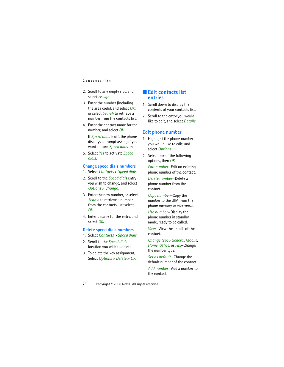 Edit contacts list entries, Edit phone number | Nokia 1315 User Manual | Page 26 / 78