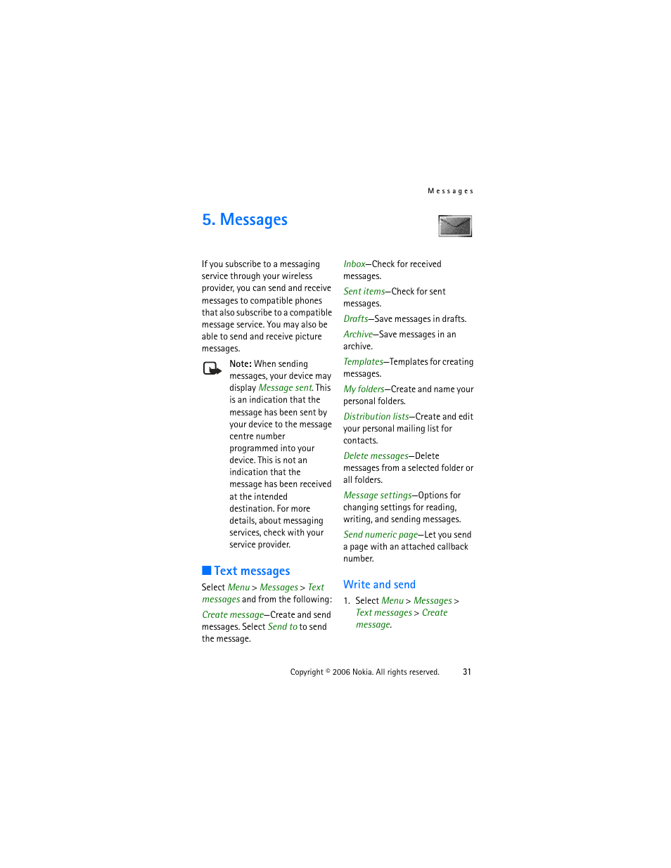 Messages, Text messages, Write and send | Nokia 1315 User Manual | Page 31 / 78