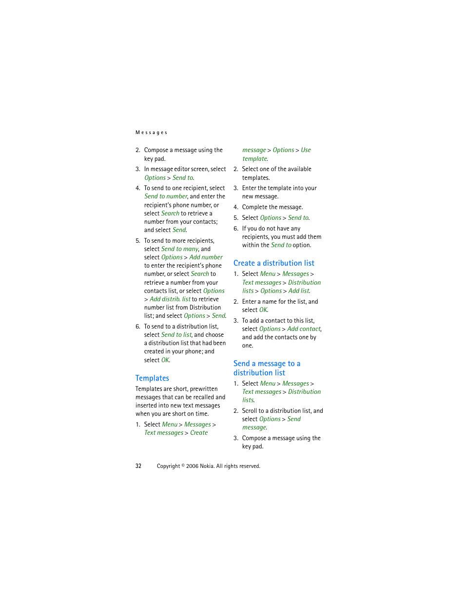 Templates, Create a distribution list, Send a message to a distribution list | Nokia 1315 User Manual | Page 32 / 78