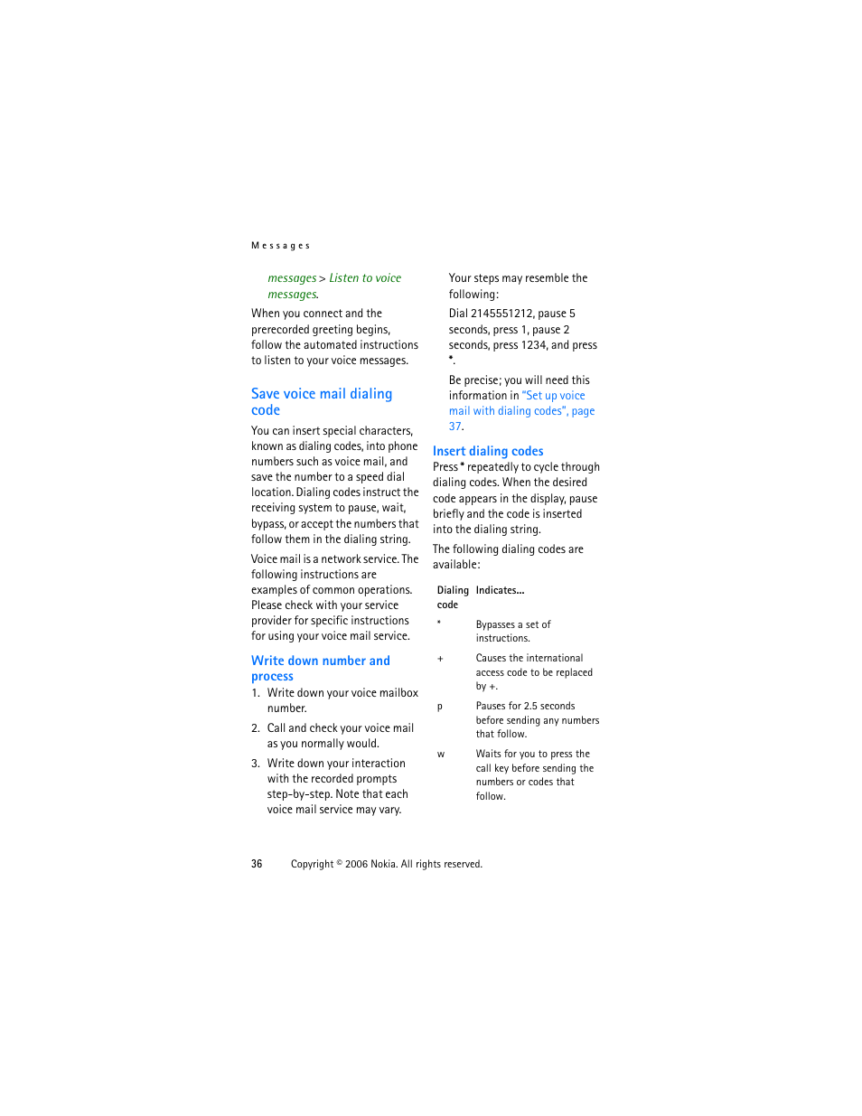 Save voice mail dialing code | Nokia 1315 User Manual | Page 36 / 78