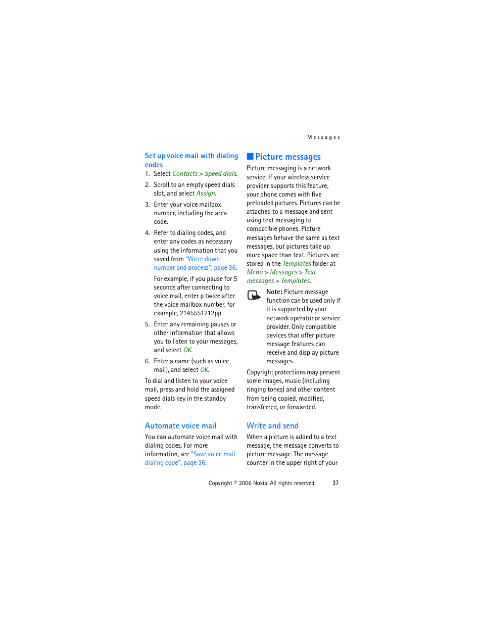 Automate voice mail, Picture messages, Write and send | Nokia 1315 User Manual | Page 37 / 78