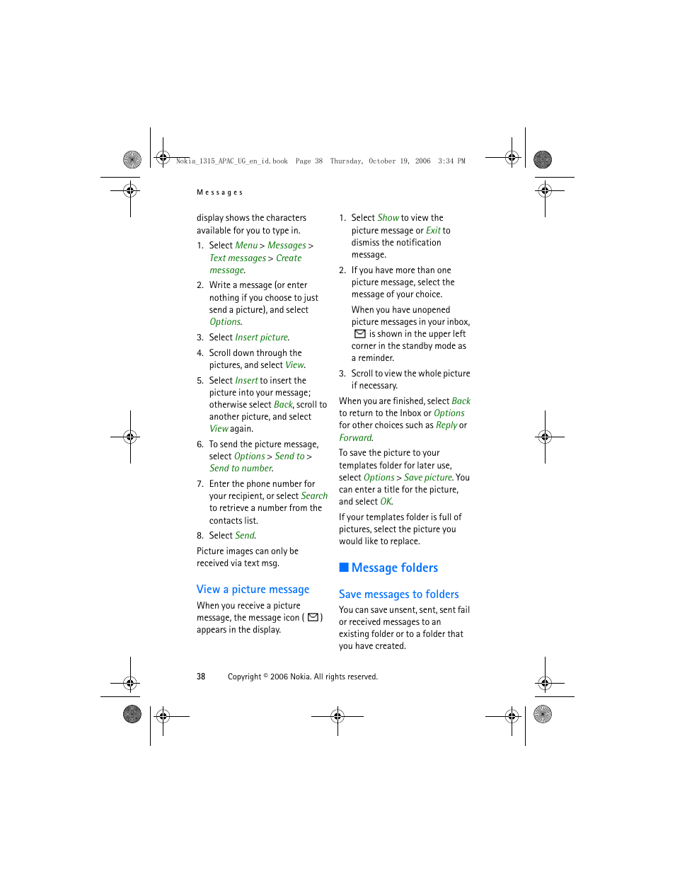 View a picture message, Message folders, Save messages to folders | Nokia 1315 User Manual | Page 38 / 78