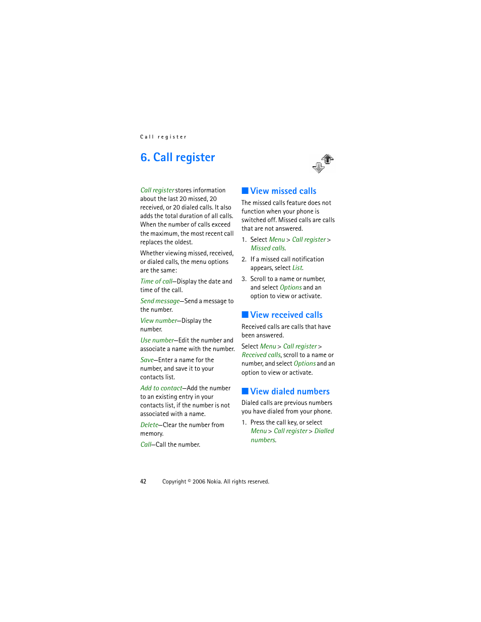 Call register, View missed calls, View received calls | View dialed numbers, View missed calls view received calls | Nokia 1315 User Manual | Page 42 / 78