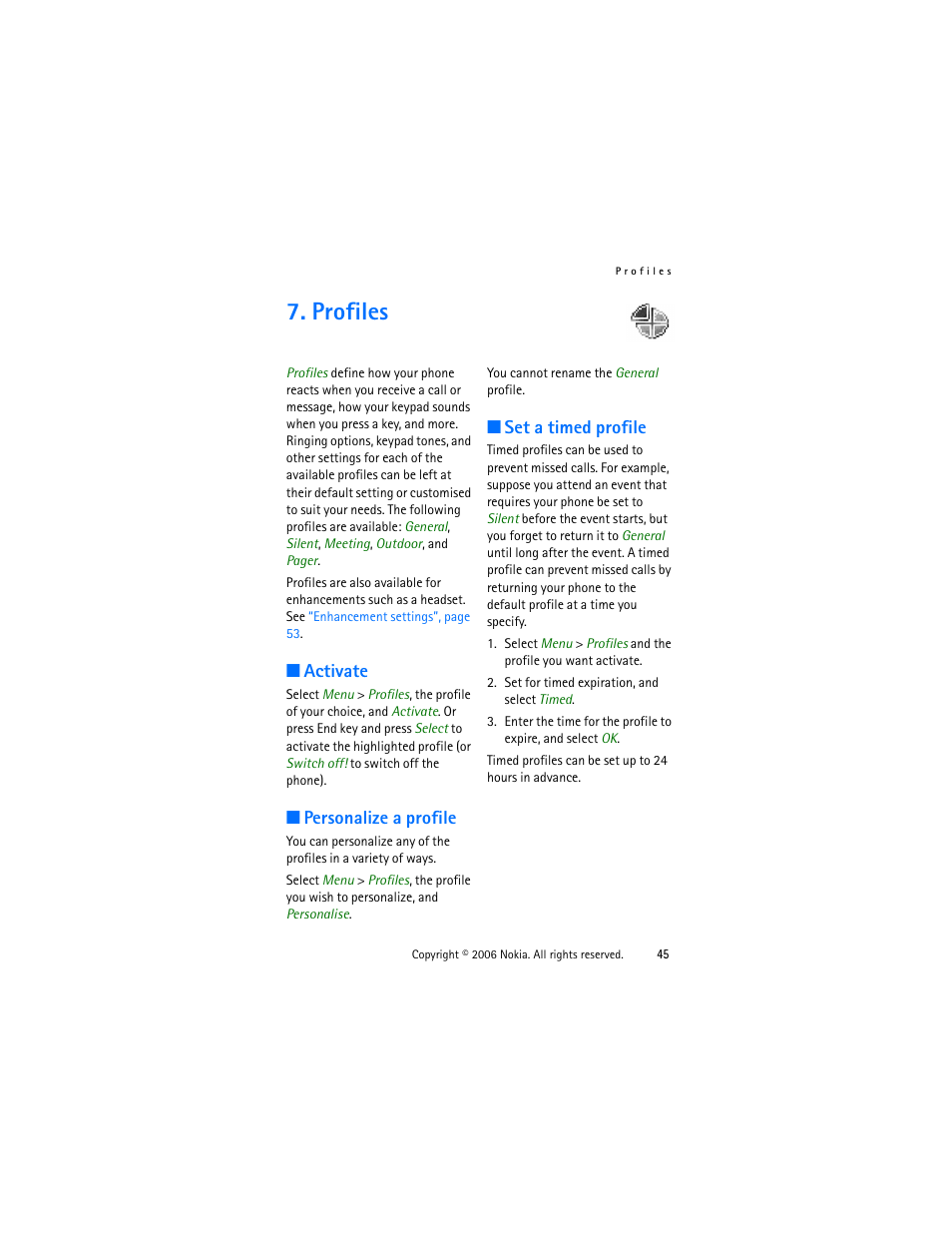 Profiles, Activate, Personalize a profile | Set a timed profile, Activate personalize a profile set a timed profile | Nokia 1315 User Manual | Page 45 / 78