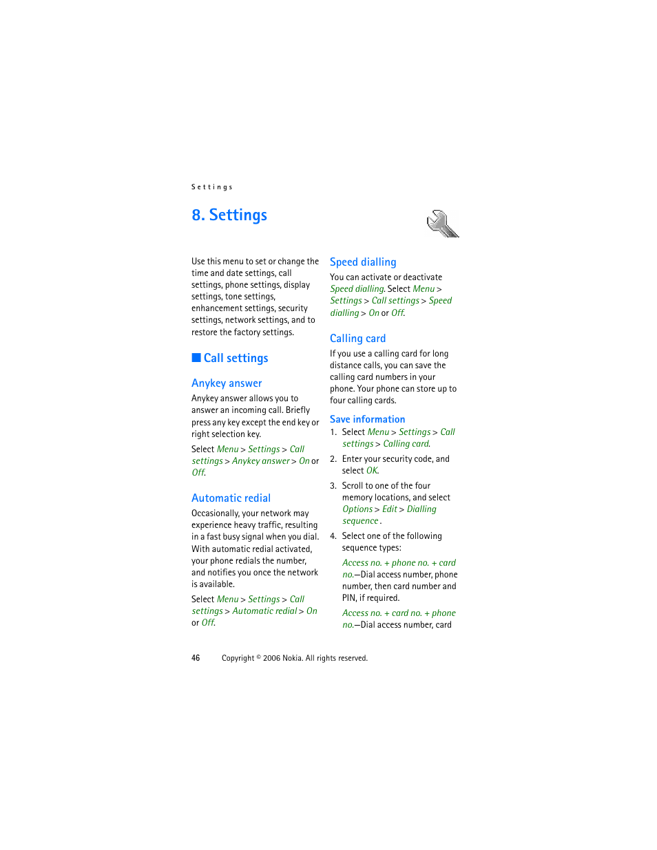 Settings, Call settings, Anykey answer | Automatic redial, Speed dialling, Calling card | Nokia 1315 User Manual | Page 46 / 78