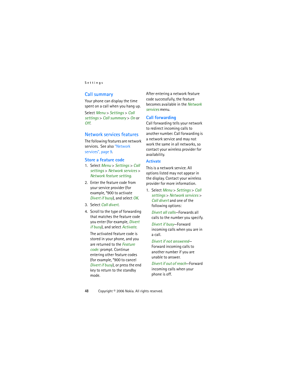 Call summary, Network services features, Call summary network services features | Nokia 1315 User Manual | Page 48 / 78