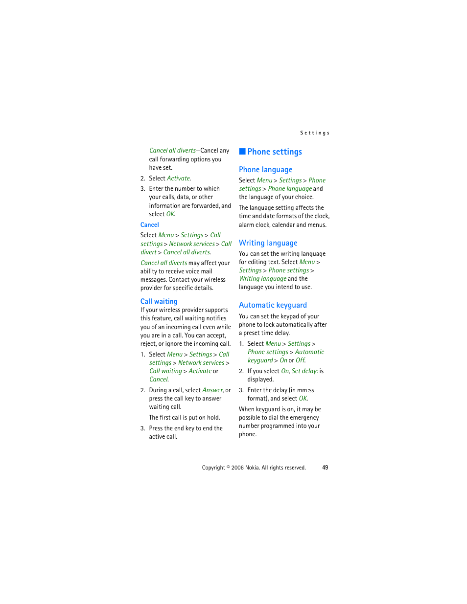 Phone settings, Phone language, Writing language | Automatic keyguard, Phone language writing language automatic keyguard | Nokia 1315 User Manual | Page 49 / 78