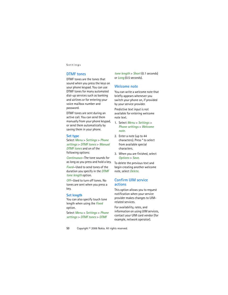 Dtmf tones, Welcome note, Confirm uim service actions | Nokia 1315 User Manual | Page 50 / 78