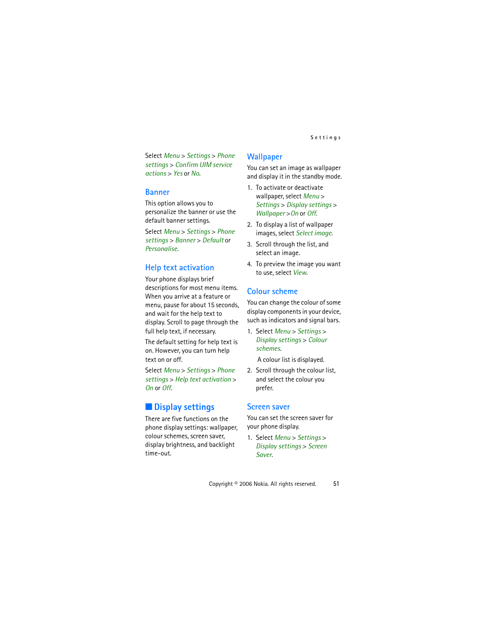 Banner, Help text, Display settings | Wallpaper, Colour scheme, Screen saver, Banner help text activation, Wallpaper colour scheme screen saver | Nokia 1315 User Manual | Page 51 / 78