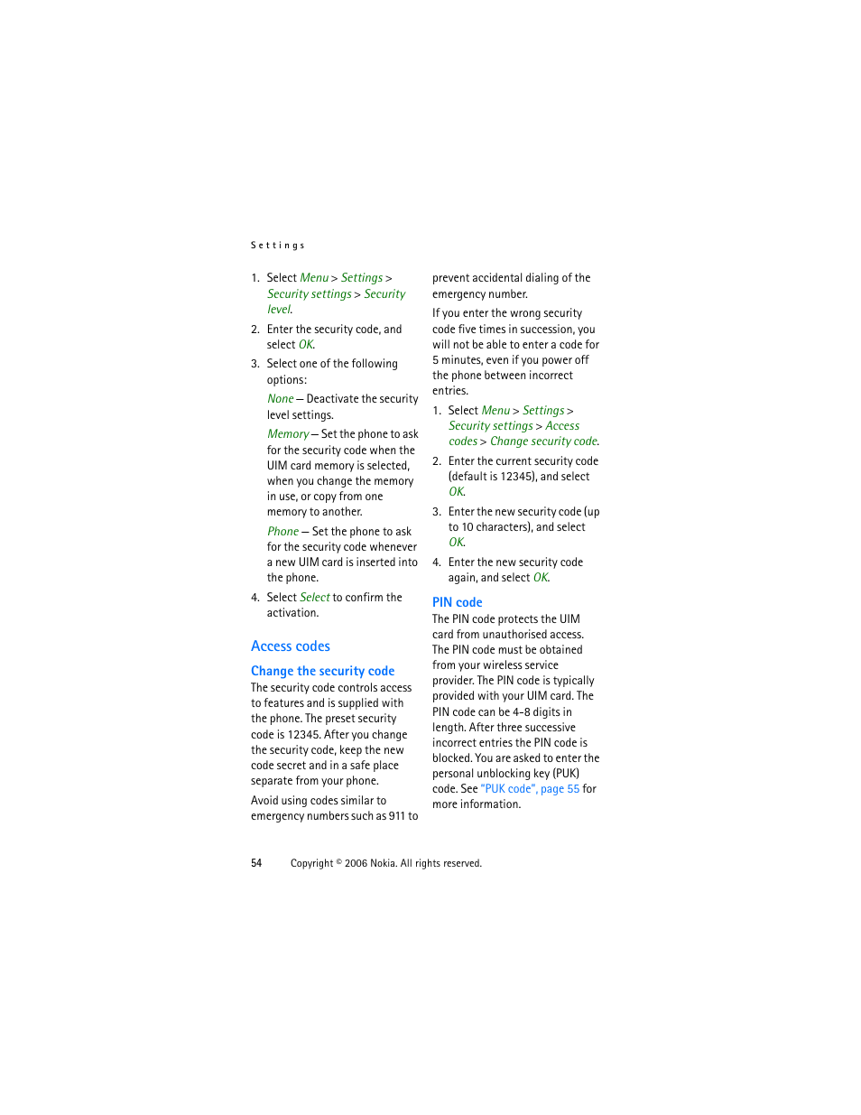 Access codes | Nokia 1315 User Manual | Page 54 / 78