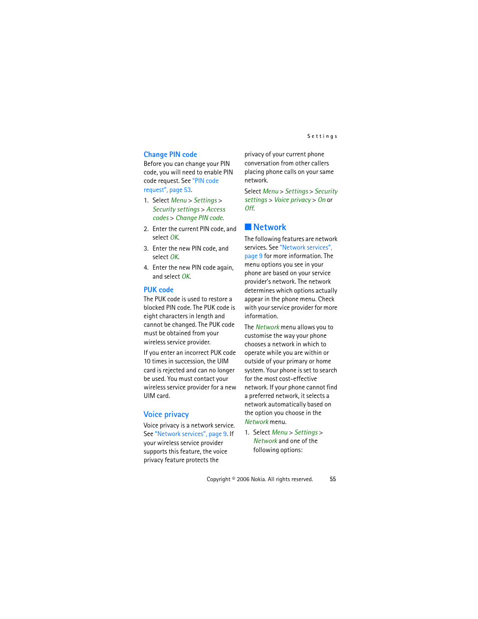 Voice privacy, Network | Nokia 1315 User Manual | Page 55 / 78