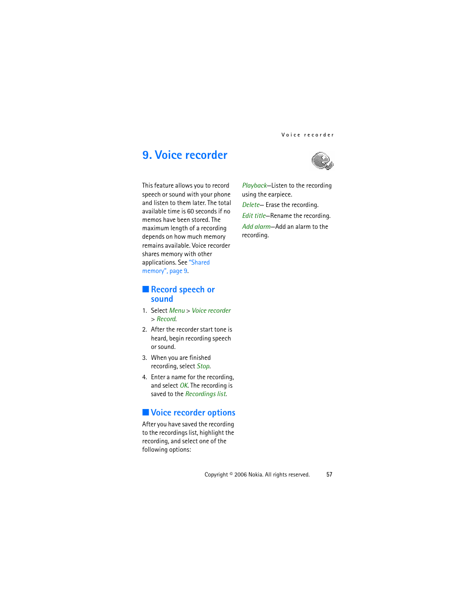 Voice recorder, Record speech or sound, Voice recorder options | Record speech or sound voice recorder options | Nokia 1315 User Manual | Page 57 / 78