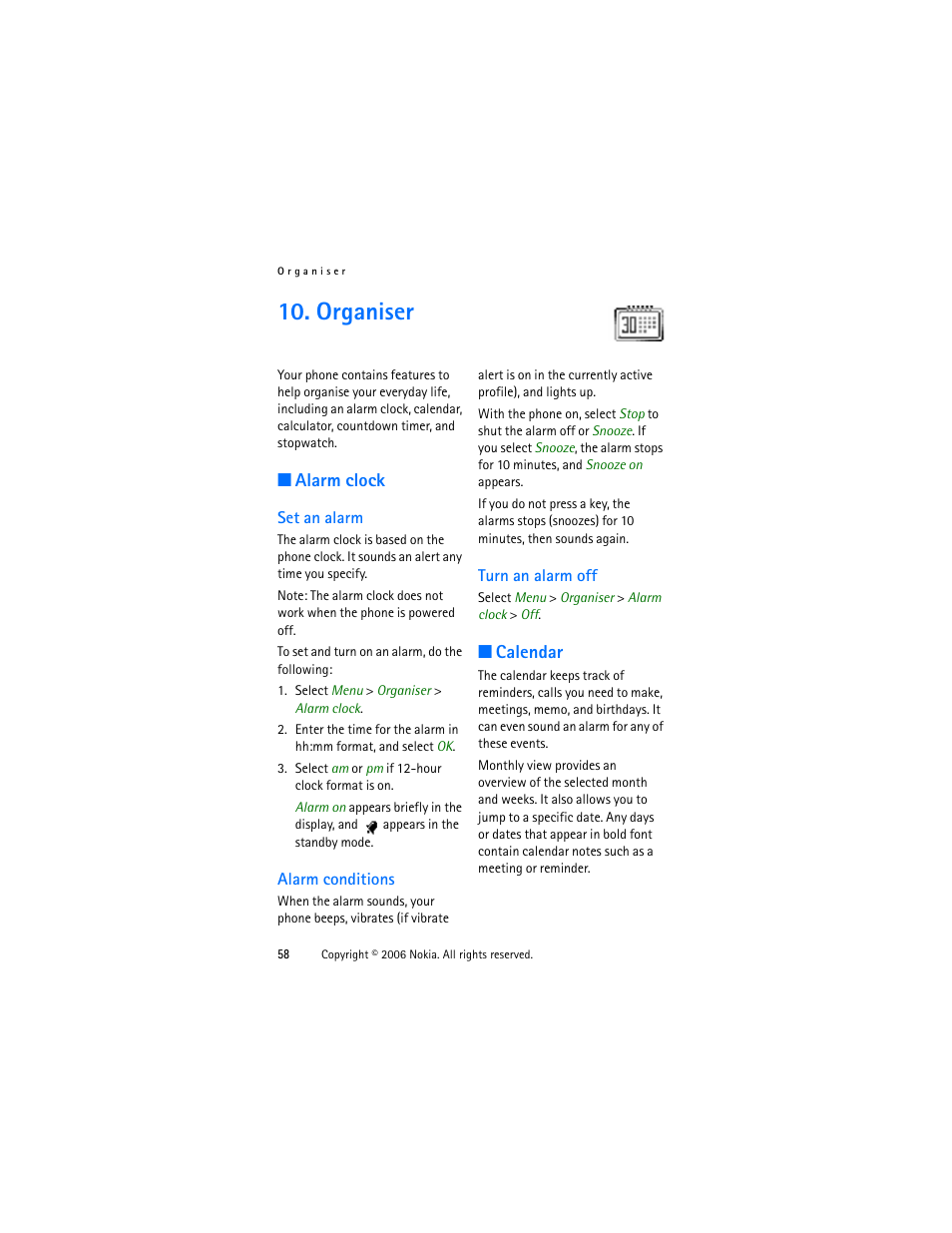 Organiser, Alarm clock, Set an alarm | Alarm conditions, Turn an alarm off, Calendar, Set an alarm alarm conditions turn an alarm off | Nokia 1315 User Manual | Page 58 / 78