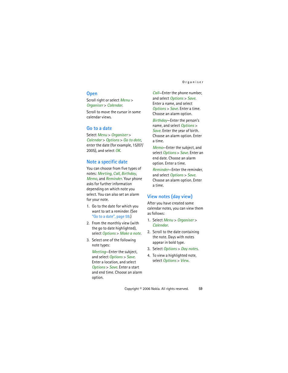 Open, Go to a date, Note a specific date | View notes (day view) | Nokia 1315 User Manual | Page 59 / 78