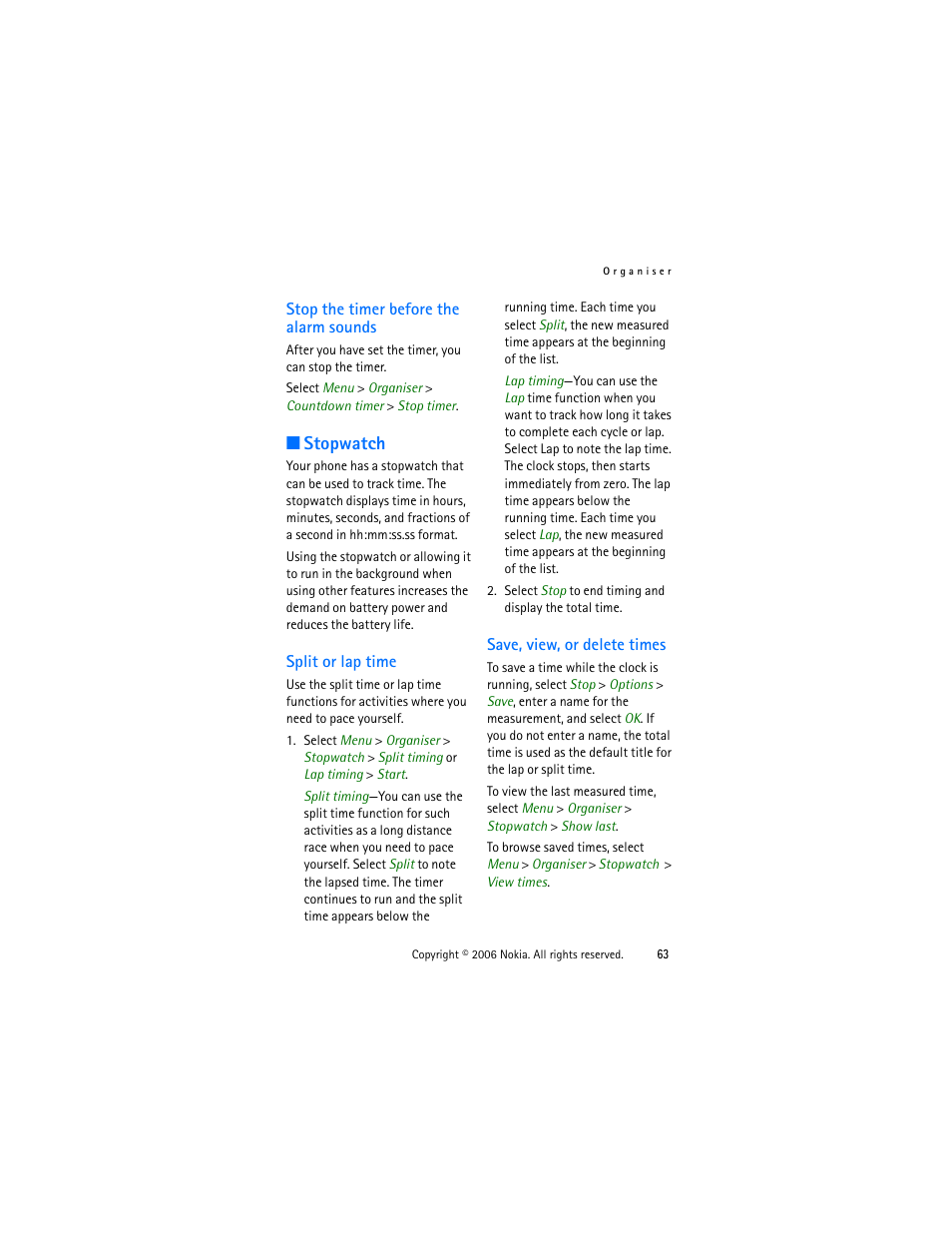 Stop the timer before the alarm sounds, Stopwatch, Split or lap time | Save, view, or delete times, Split or lap time save, view, or delete times | Nokia 1315 User Manual | Page 63 / 78