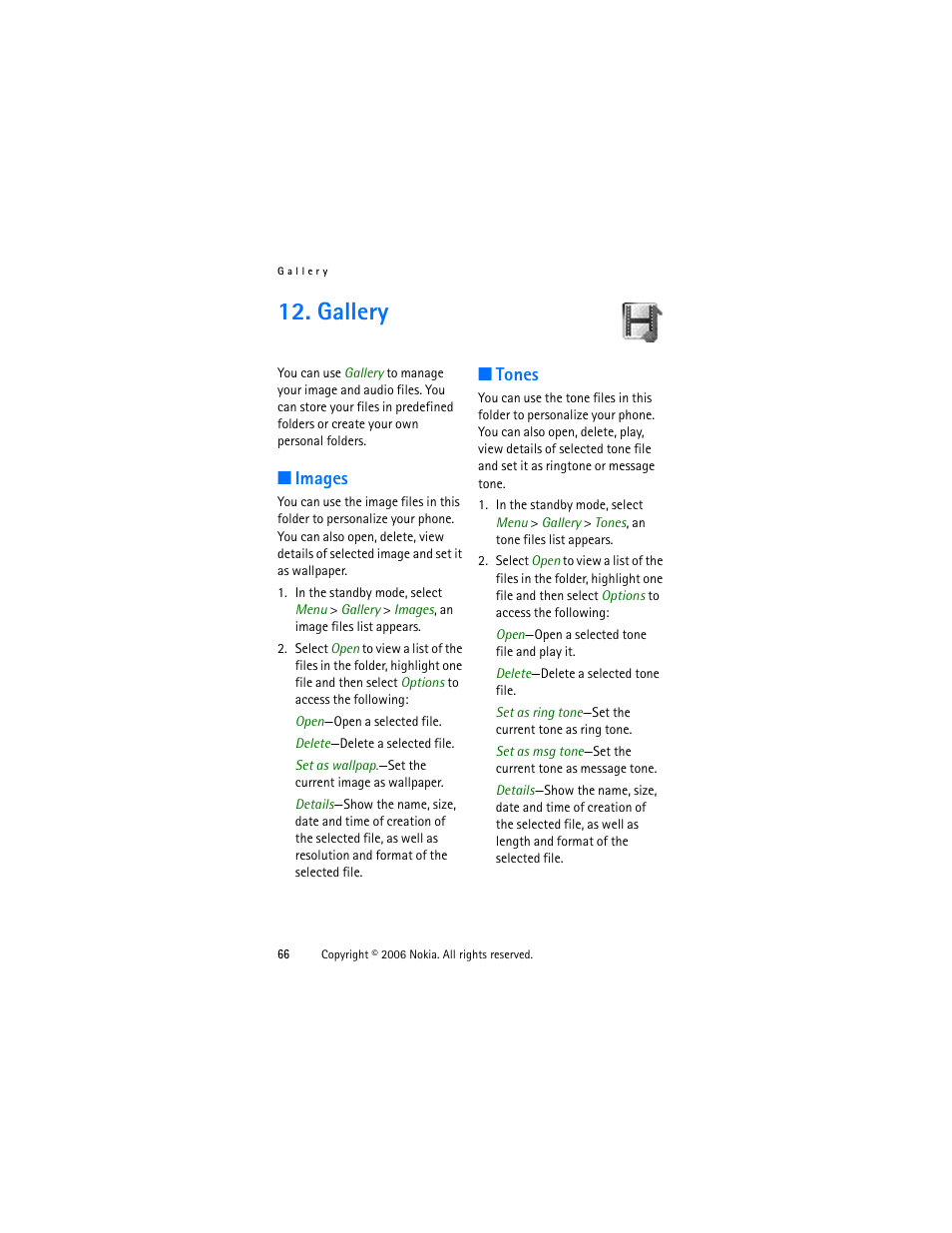 Gallery, Images, Tones | Images tones | Nokia 1315 User Manual | Page 66 / 78