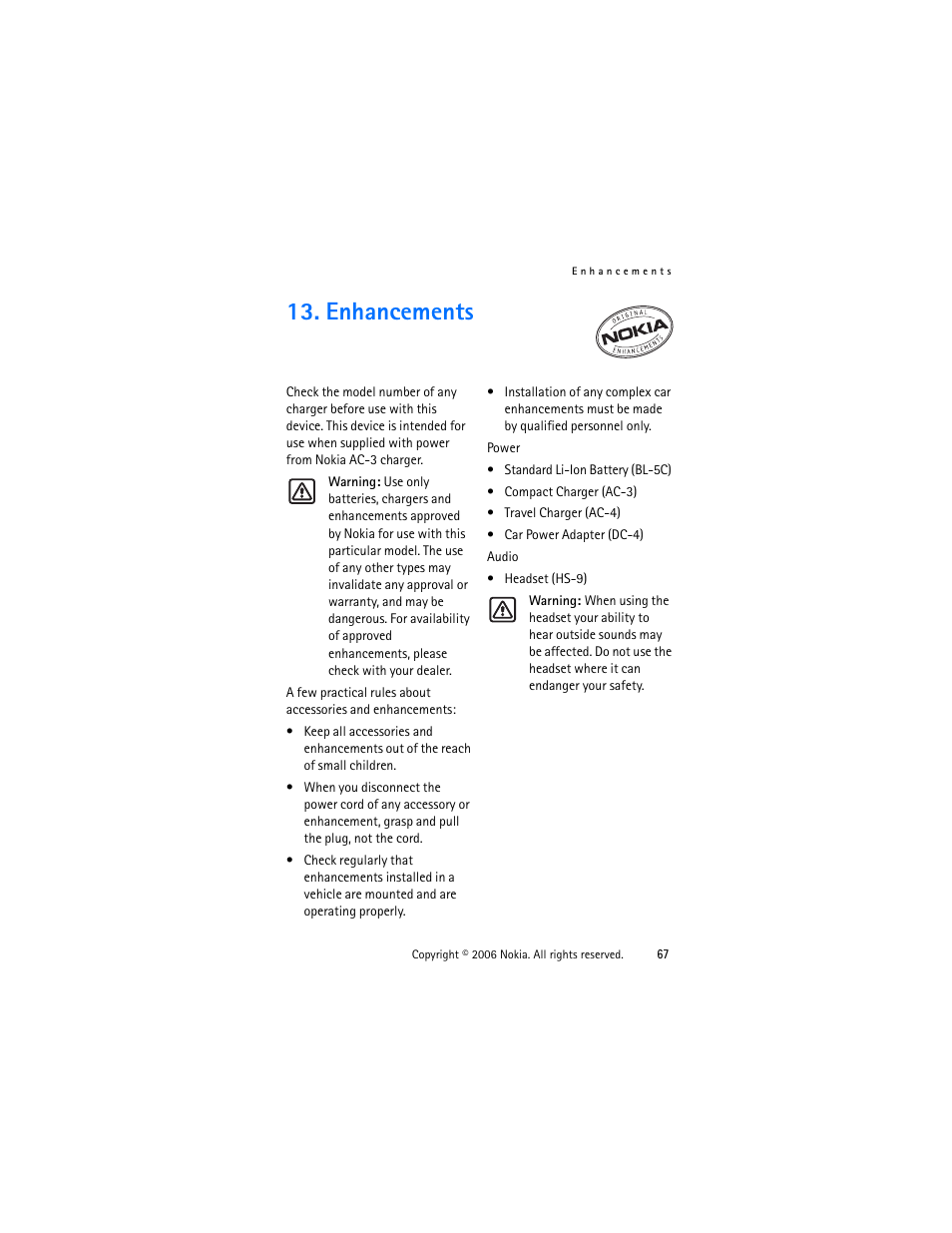 Enhancements | Nokia 1315 User Manual | Page 67 / 78