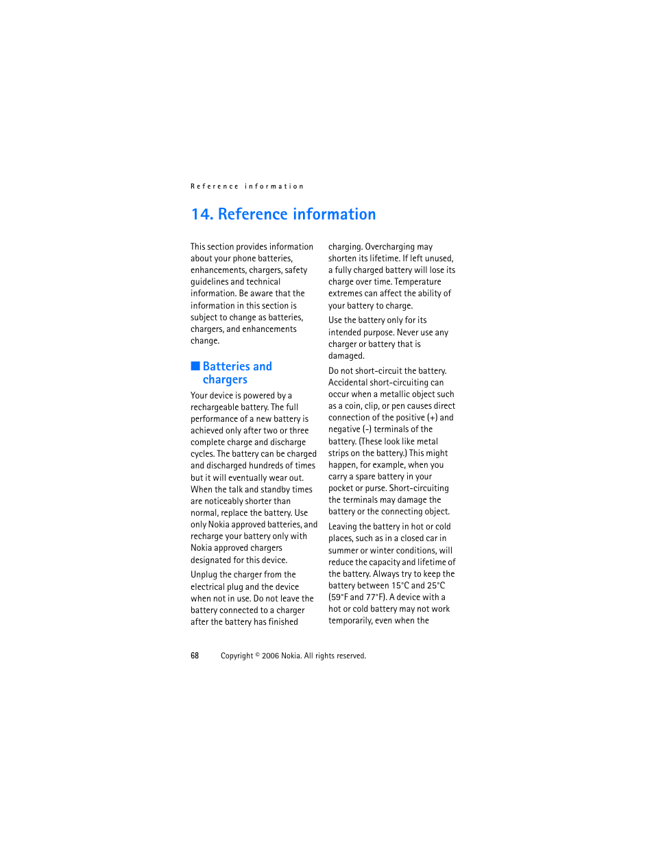 Referenceinformation, Batteries and chargers, Reference information | Nokia 1315 User Manual | Page 68 / 78