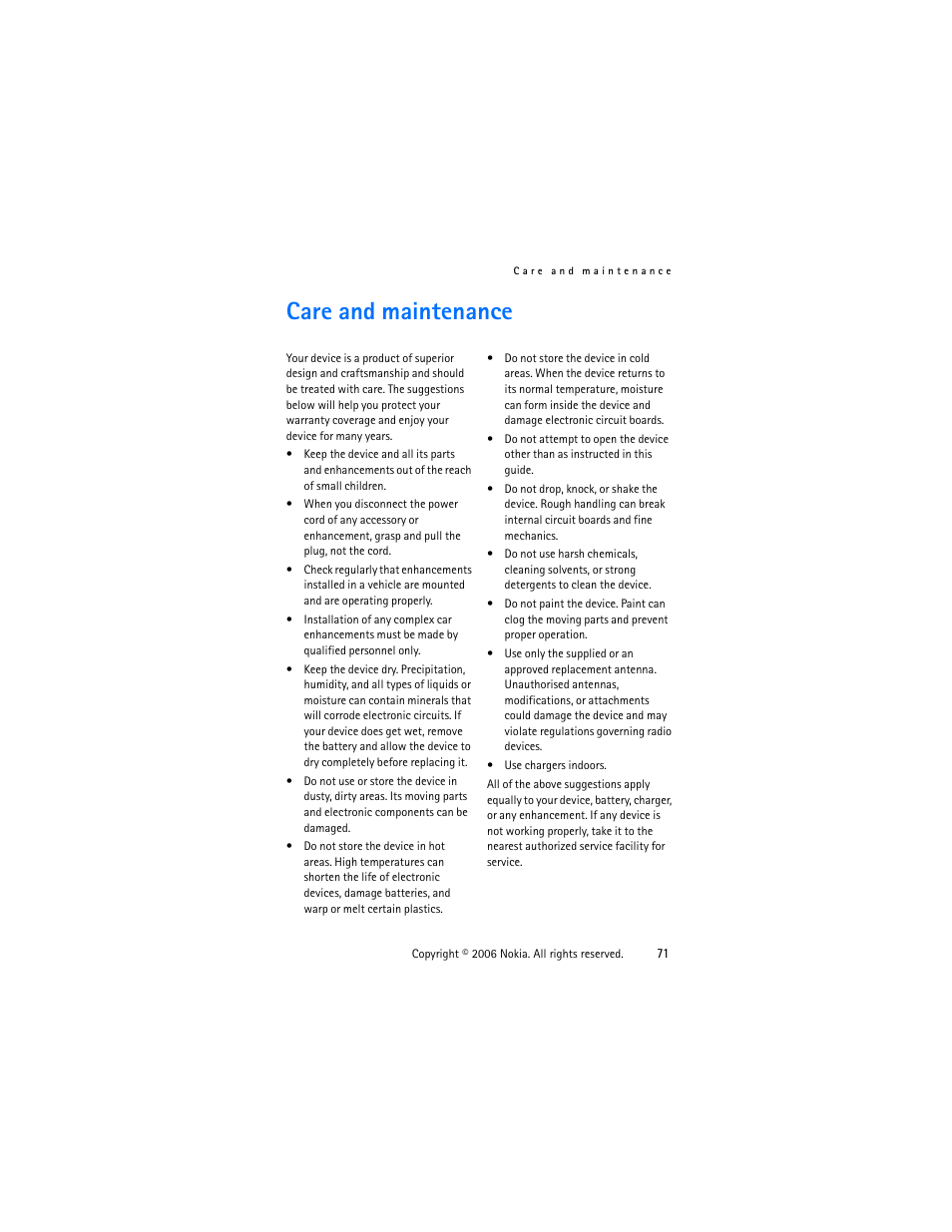 Care and maintenance | Nokia 1315 User Manual | Page 71 / 78