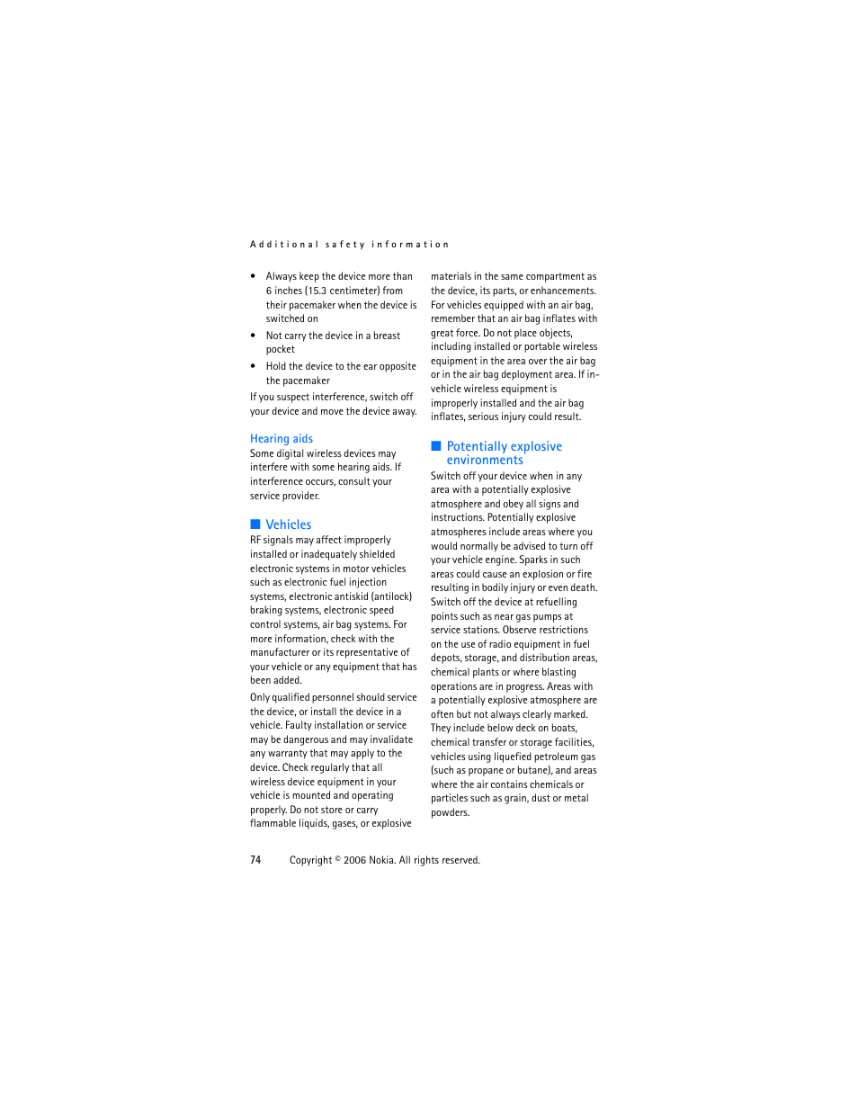 Hearing aids, Vehicles, Potentially explosive environments | Vehicles potentially explosive environments 74 | Nokia 1315 User Manual | Page 74 / 78