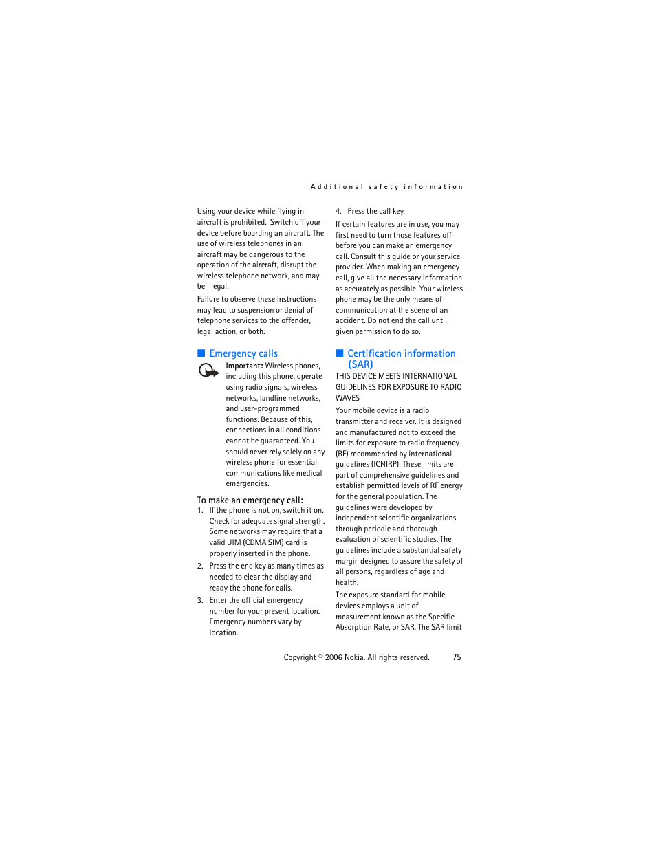 Emergency calls, Certification information (sar), Emergency calls certification information (sar) | Nokia 1315 User Manual | Page 75 / 78