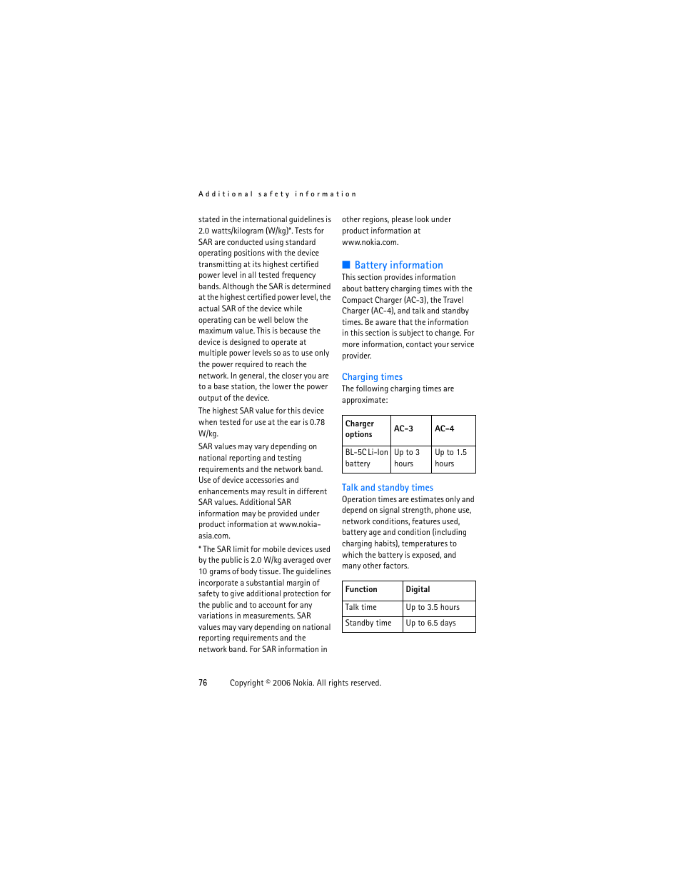 Battery information, Charging times, Talk and standby times | Charging times talk and standby times | Nokia 1315 User Manual | Page 76 / 78