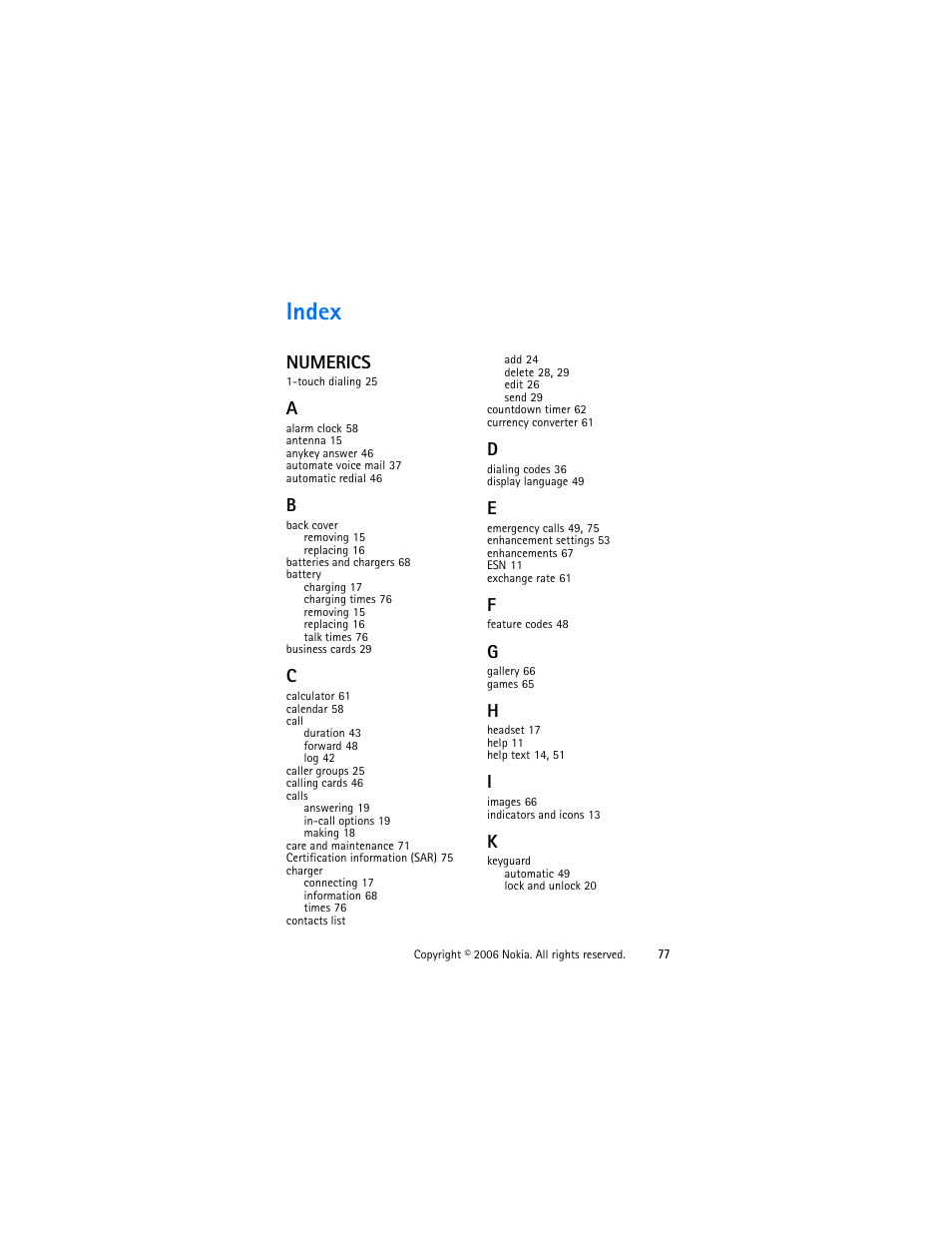 Index, Numerics | Nokia 1315 User Manual | Page 77 / 78